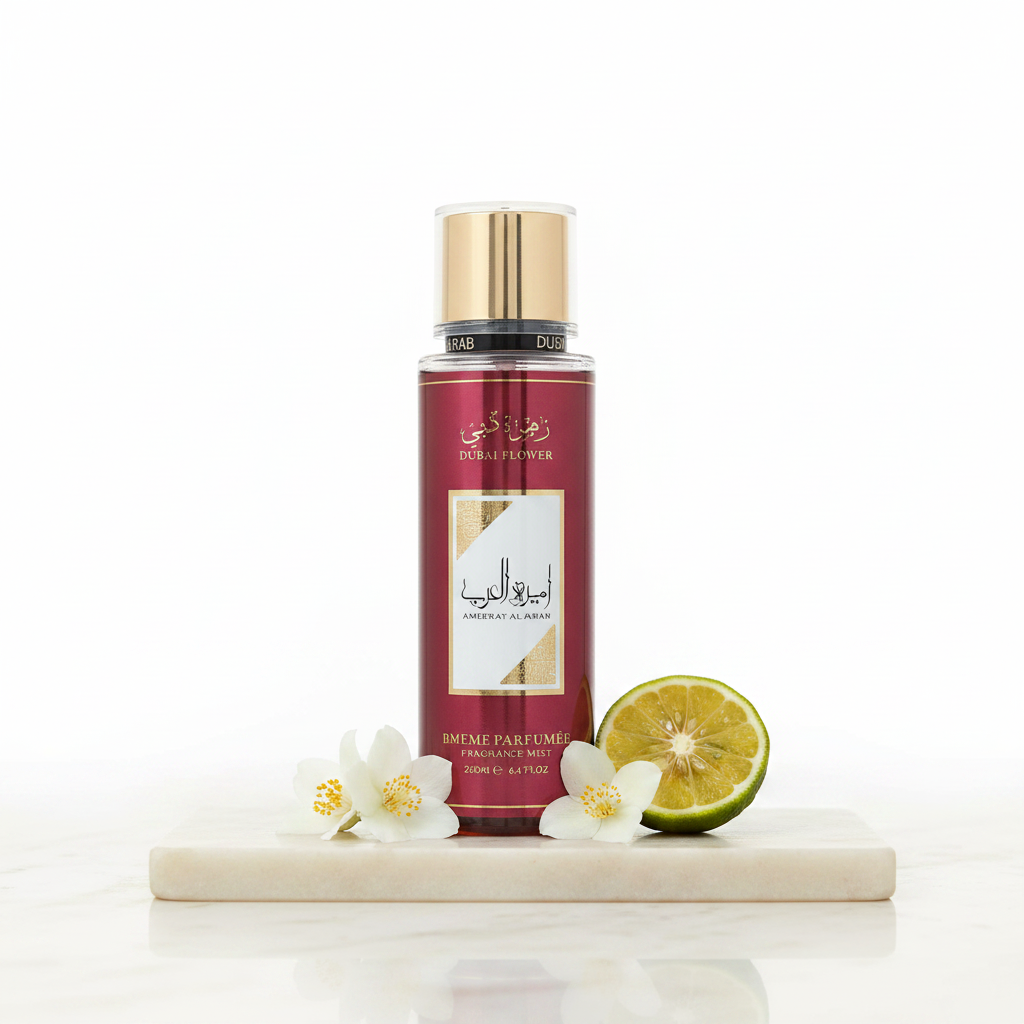 Brume Ameerat Al Arab Rouge Dubai Flower fond blanc cadrage uniforme