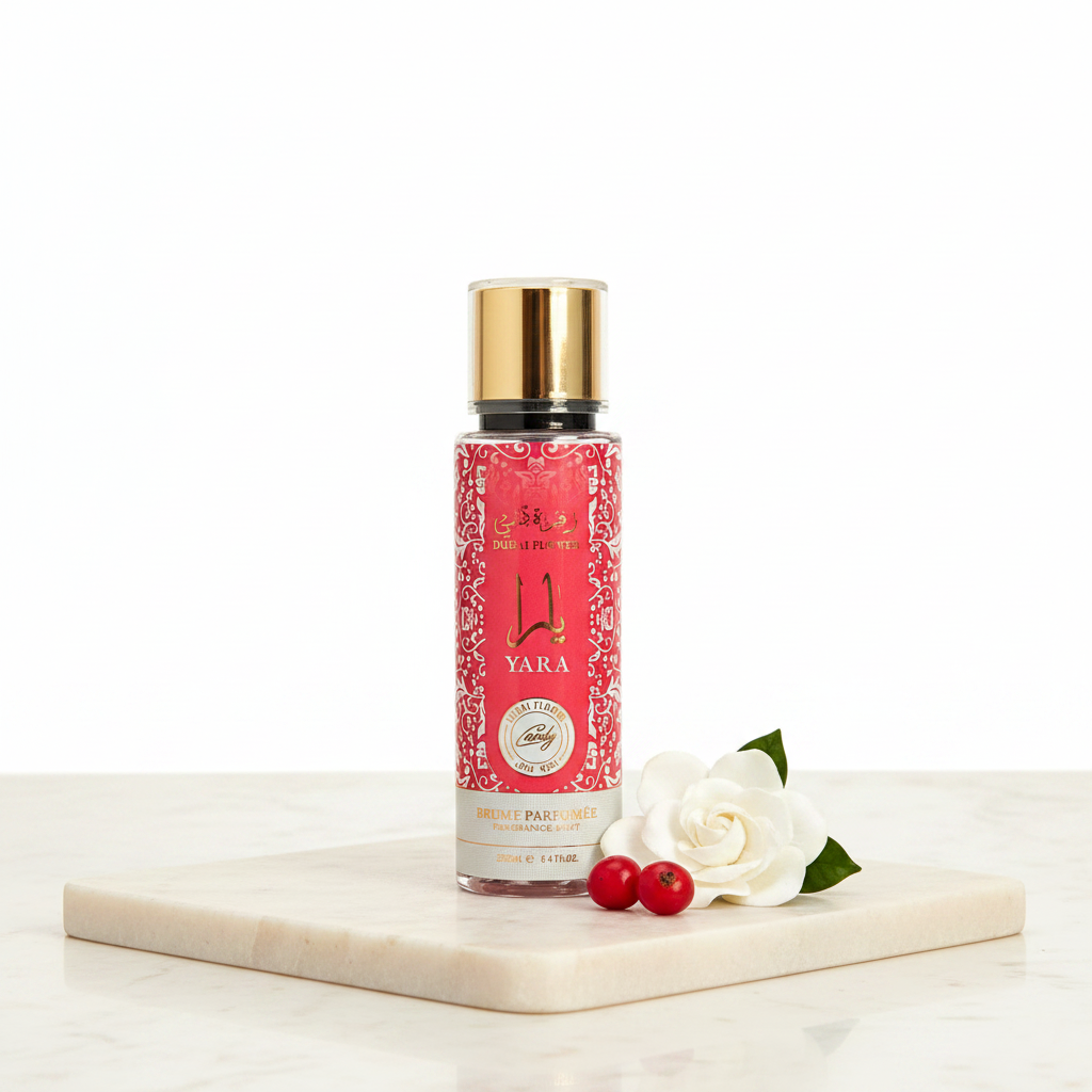 Brume Yara Candy Rouge Dubai Flower fond blanc cadrage uniforme